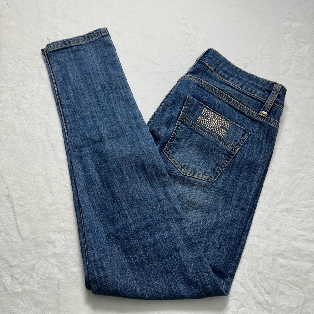 Elisabetta Franchi Jeans Made in Italy Rhinestone Logo Denim Slim Sz 27 Low Rise
